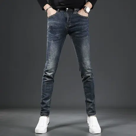 轻奢质感牛仔裤男秋冬季2022新款深蓝色男士修身小脚潮流弹力厚款图片