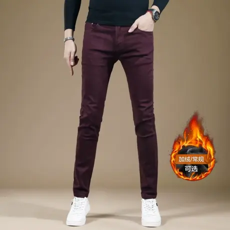 秋冬季酒红色加绒加厚裤子男休闲裤牛仔裤男修身小脚弹力2024新款商品大图