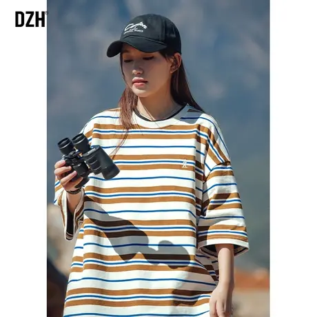 情侣条纹t恤男潮牌重磅美式体恤夏季半袖宽松刺绣情侣装2023新款商品大图