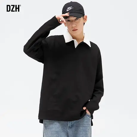 男士黑色重磅卫衣男春秋男装2023新款港风日系撞色翻领polo衫长袖商品大图