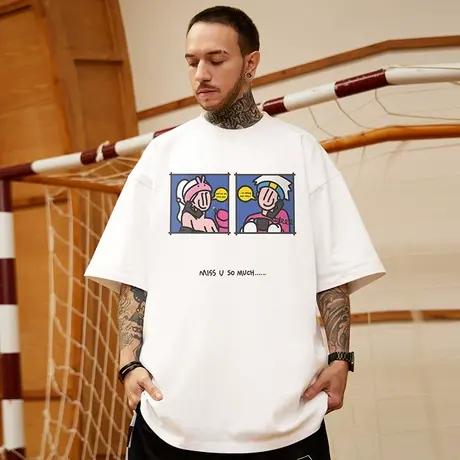 2025重磅潮牌宽松T恤美式短袖五分袖纯棉国潮大码男装夏季半袖款商品大图