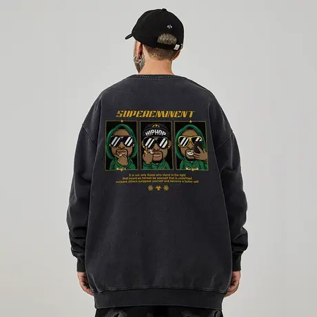 加肥加大码圆领美式重磅复古胖子男装潮流宽松水洗做旧卫衣春秋季商品大图