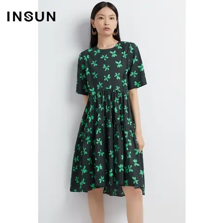 INSUN恩裳线上专选春季缩褶棉质a字碎花连衣裙图片