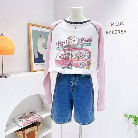 韩国东大门长袖T恤2023春夏款ins小熊奶乖粉色薄款防晒衫上衣宽松图片