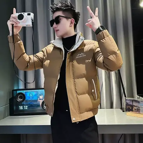 棉服男冬季2023新款时尚韩版修身潮牌撞色立领短款工装棉袄外套商品大图