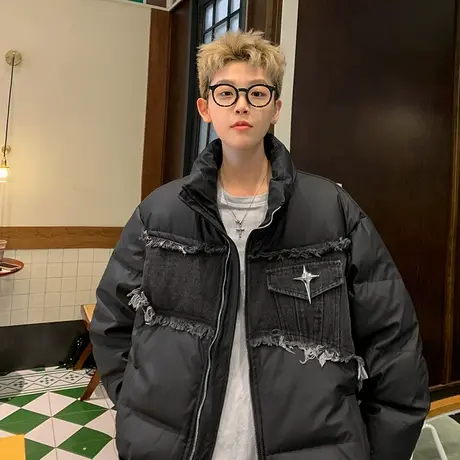 破坏水洗毛边做旧牛仔拼接棉衣男秋冬季新款美式宽松潮牌棉服外套图片
