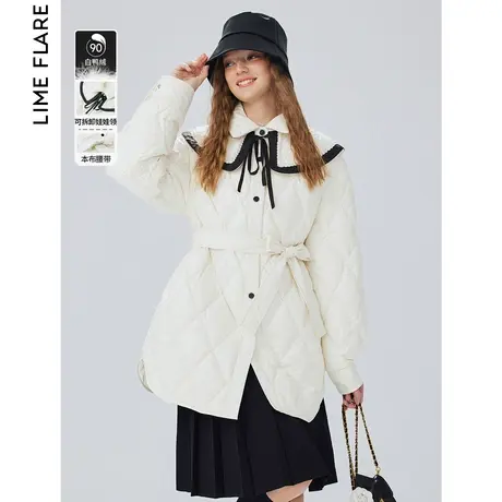 莱茵福莱尔黑白撞色复古双层领羽绒服2023冬季奥莱系带洋气外套女图片