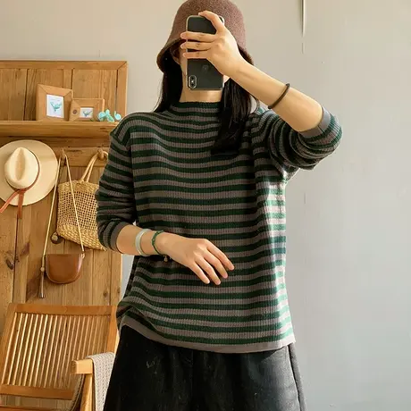 dza 复古条纹半高圆领棉线针织衫女秋冬内搭打底衫宽松休闲毛衣女图片