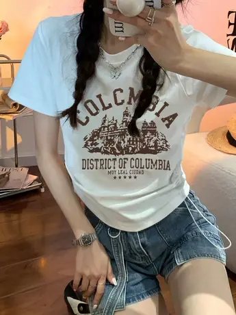 短袖t恤女2023夏季新款美式复古设计感抽绳正肩上衣辣妹显瘦体恤商品大图