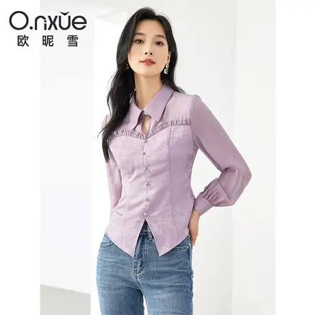 欧昵雪2024春季新款复古翻领长袖拼接衬衫女木耳边镂空设计感衬衣图片