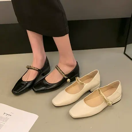 法式粗跟玛丽珍鞋女2024年春秋季新款配裙子气质方头软底浅口单鞋商品大图