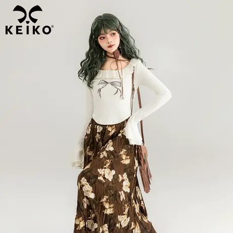 KEIKO法式木耳边白色短款上衣春夏甜辣妹内搭外穿大U领喇叭袖小衫图片