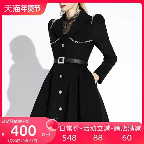 AUI黑色赫本风高级感毛呢外套女2024早春新款中长款收腰呢子大衣图片