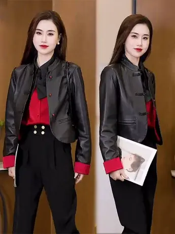 2024黑色皮衣外套女春秋季拼接撞色国风盘扣皮夹克显瘦外搭开衫潮商品大图