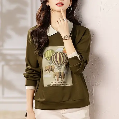 卫衣女春季新款大码女装宽松中年妈妈洋气卡通印花假两件显瘦上衣商品大图