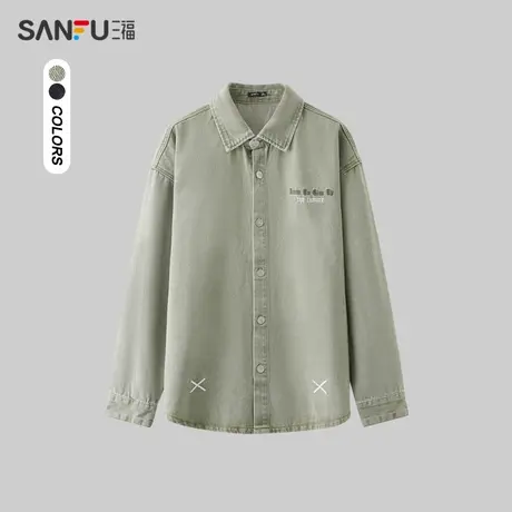三福2024春季男士后背绣花长衬衫 街头潮流宽松翻领上衣482502图片