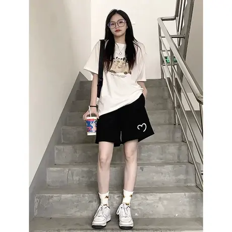 黑色短裤女夏季2023新款学生宽松百搭高腰显瘦小个子休闲运动裤子图片