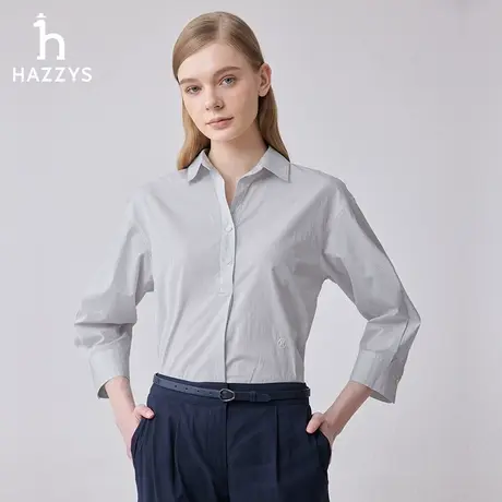 【商场同款】Hazzys哈吉斯24春季新品细条纹翻领七分袖衬衫上衣女图片