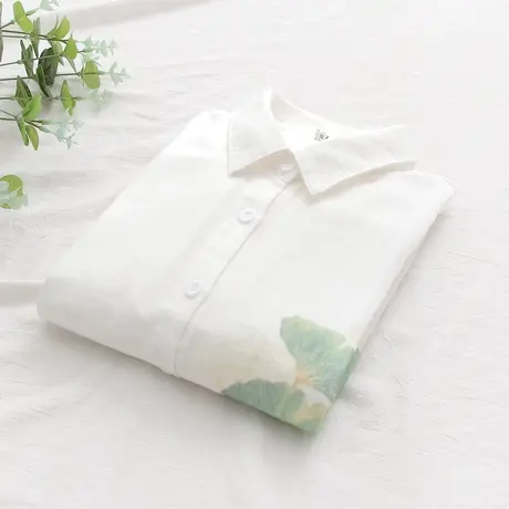 春秋季文艺小清新彩绘印花双层棉纱长袖白衬衫女学生宽松打底上衣商品大图