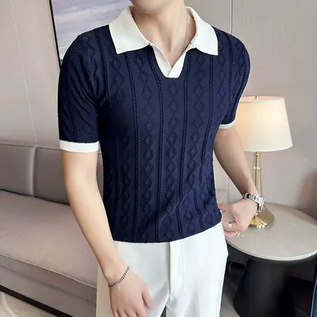 夏季冰丝薄款菱形格时尚条纹提花针织短袖男T恤气质V领拼色Polo衫商品大图