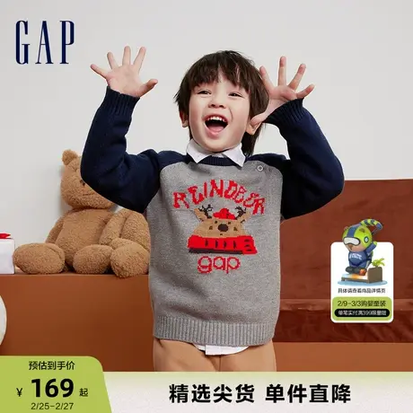 Gap男幼童春秋洋气提花童趣针织衫儿童装时髦廓形圆领毛衣889918商品大图