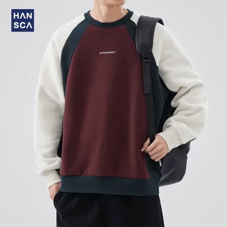 hansca美式重磅美粒绒卫衣男秋冬季加绒拼色圆领宽松加厚长袖上衣商品大图