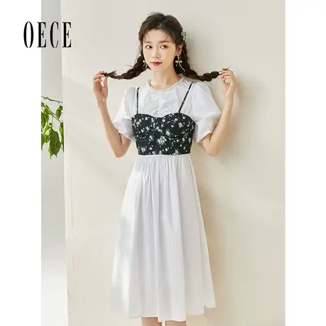 Oece春夏装新款女装复古法式小碎花吊带连衣裙气质两件套裙子图片