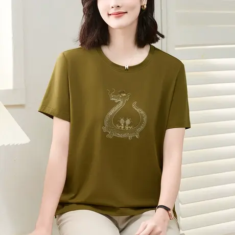 时尚设计感龙年刺绣纯棉t恤衫女士休闲上衣中年妈妈刺绣短袖体恤商品大图
