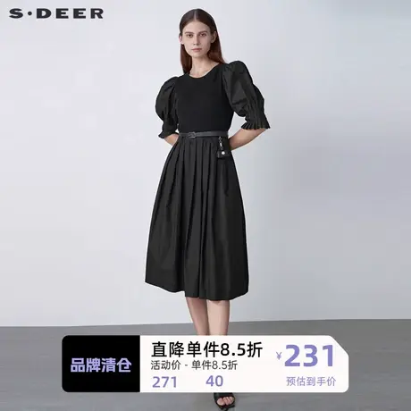 sdeer圣迪奥女装复古圆领泡泡袖收腰不规则连衣裙S22161210图片