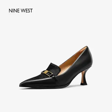 Nine West/玖熙高跟鞋女复古2023年春季新款中跟牛毛皮小猫跟单鞋商品大图