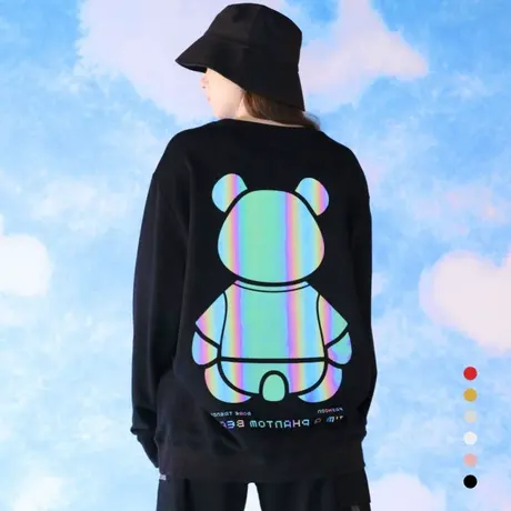 圆领卫衣女男情侣装长袖黑色反光小熊炸街上衣学生韩版宽松慵懒风商品大图