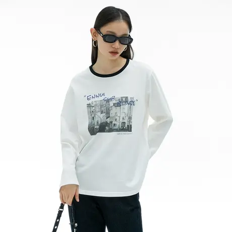 omont蛋挞家长袖印花T恤女2023秋季新款圆领显瘦美式复古宽松上衣商品大图