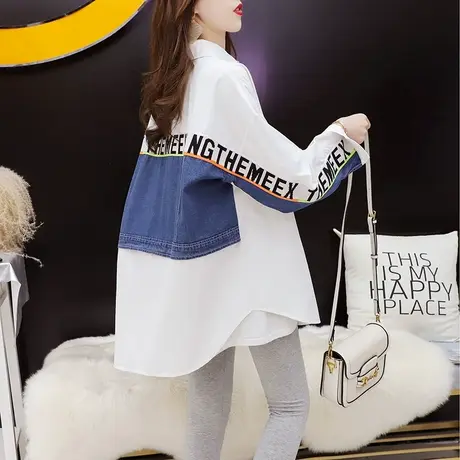 牛仔拼接衬衫外套女2023新款秋冬洋气减龄宽松休闲百搭设计感上衣商品大图