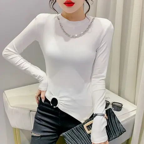 网红链条T恤女长袖2023春秋新款设计感不规则打底衫辣妹收腰上衣商品大图