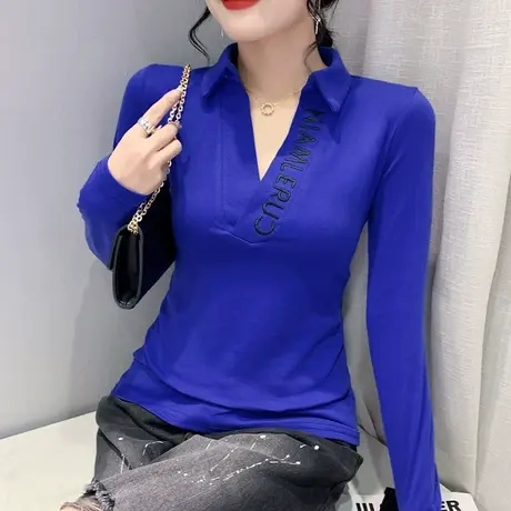 克莱因蓝POLO领T恤女长袖2023秋新款字母刺绣洋气上衣显瘦打底衫商品大图