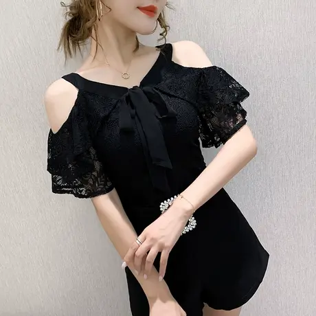 性感露肩镂空蕾丝短袖女夏荷叶边系带蝴蝶结上衣洋气百搭T恤女潮商品大图