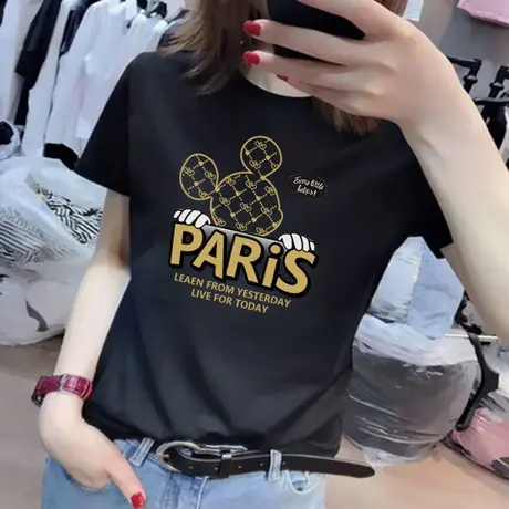 黑色网格米奇短袖t恤女2023年新款韩版纯棉印花圆领宽松上衣ins潮商品大图