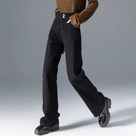 窄版高腰直筒牛仔裤女春秋2023新款黑色裤子显瘦烟筒裤美式阔腿裤商品大图