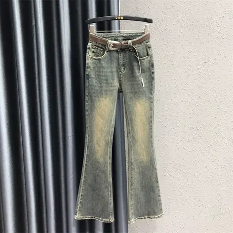 2023秋季新款复古怀旧设计感牛仔微喇裤女高腰显瘦弹力喇叭裤长裤商品大图