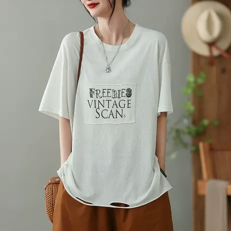 dza文艺字母破洞T恤女2023夏季薄款短袖打底体恤宽松显瘦套头上衣商品大图