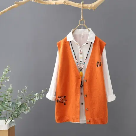 秋季新款无袖针织开衫女背心V领宽松外套毛衣提花马夹坎肩针织衫图片