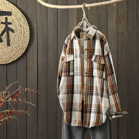 枫谜21年秋装新款文艺简约磨毛格子中长款衬衫女宽松休闲百搭上衣图片