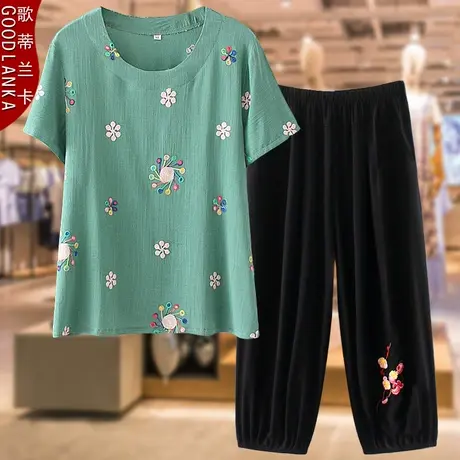 中老年妈妈夏装时尚套装短袖绣花加肥加大码女装宽松八分裤两件套商品大图