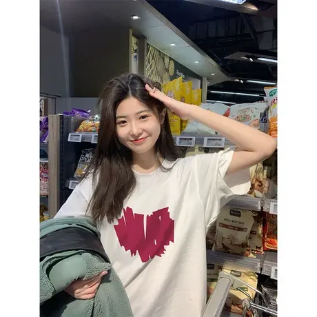 美式复古纯棉正肩短袖t恤女夏季宽松原宿风设计感小众半袖上衣服商品大图