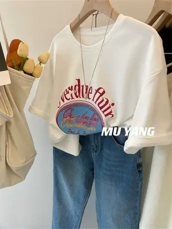 韩系休闲百搭tee！ 复古字母印花纯棉宽松短袖t恤女半袖百搭上衣商品大图