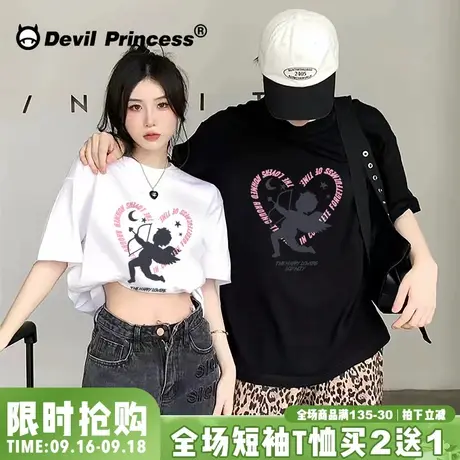 oversize高街甜酷风卡通印花T恤女ins超火宽松高级感情侣短袖上衣图片