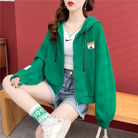连帽卫衣女春秋季韩版宽松设计感小众百搭薄款小个子短款开衫外套图片