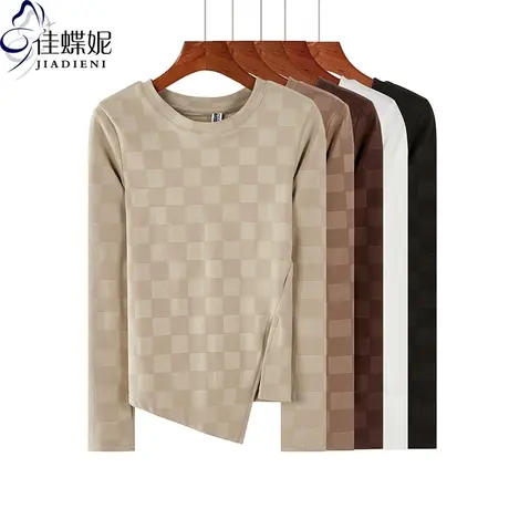 秋冬圆领双面德绒修身印花燕尾摆长袖体恤上衣内搭开叉女棋盘格子图片