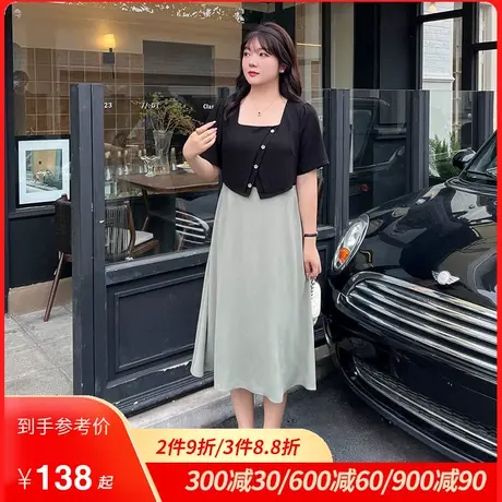 2023夏装新款法式复古假两件裙子撞色拼接减龄显瘦胖妹妹连衣裙女图片