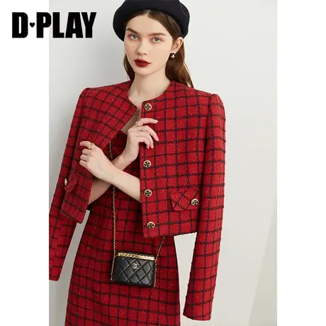 DPLAY复古圣诞新年红格纹重工金属黑钻小香风粗花呢外套套装商品大图